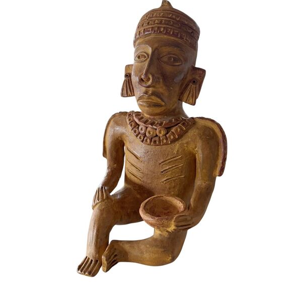 Mayan Aztec Pre Columbian Terracotta Statue Figure Seated Offering Bowl 16x10x8” - Picture 2 of 13